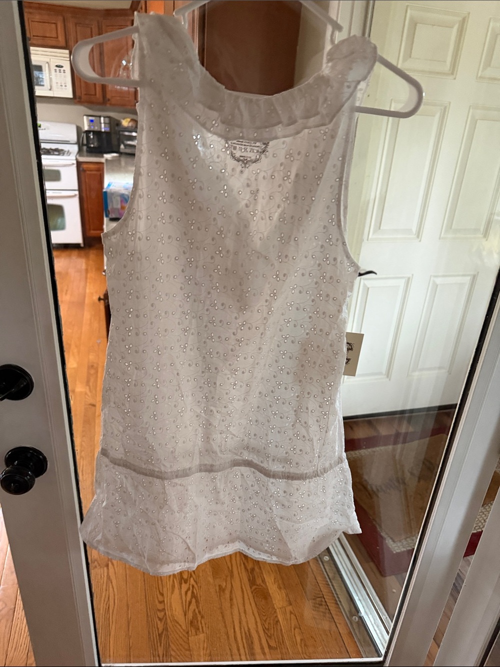 NWT SZ. MEDIUM ESCIO T’s WHITE EYELET MINI RUFFLE BABYDOLL DRESS or COVER-UP.